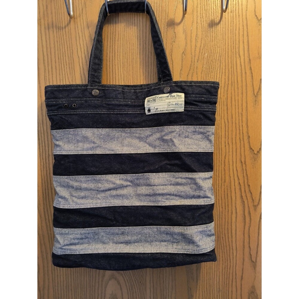 CONVERSE One Star Blue/Gray Stripe Stitched Denim Tote Bag 16"x18"x3" 1974 Logo